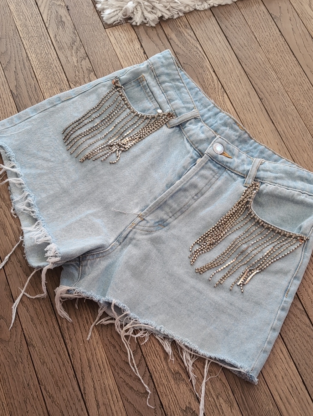 H&M Denim Shorts Blue Fringe Rhinestone High Rise - Picture 2 of 15